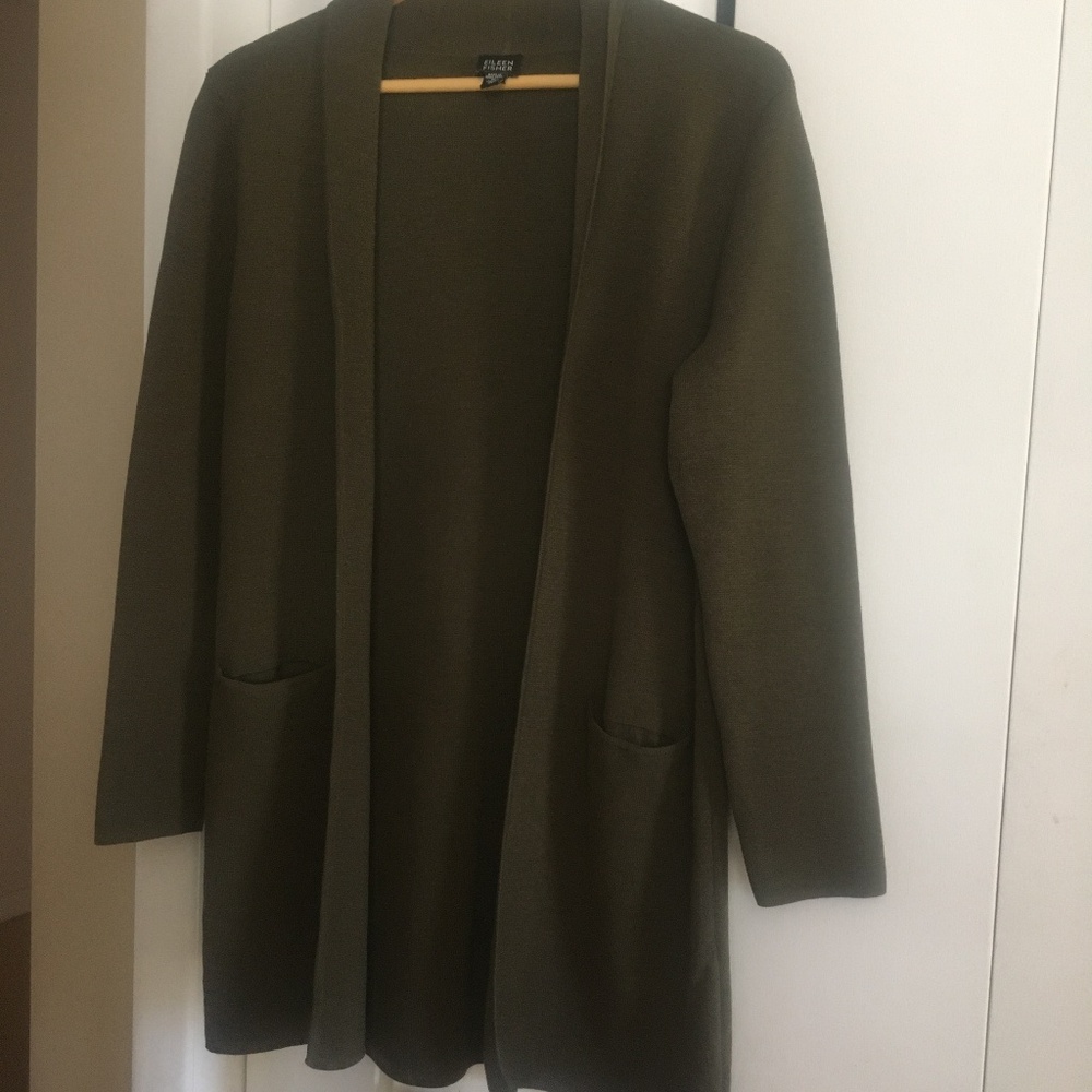 olive green EILEEN FISHER wool long cardigan pockets M